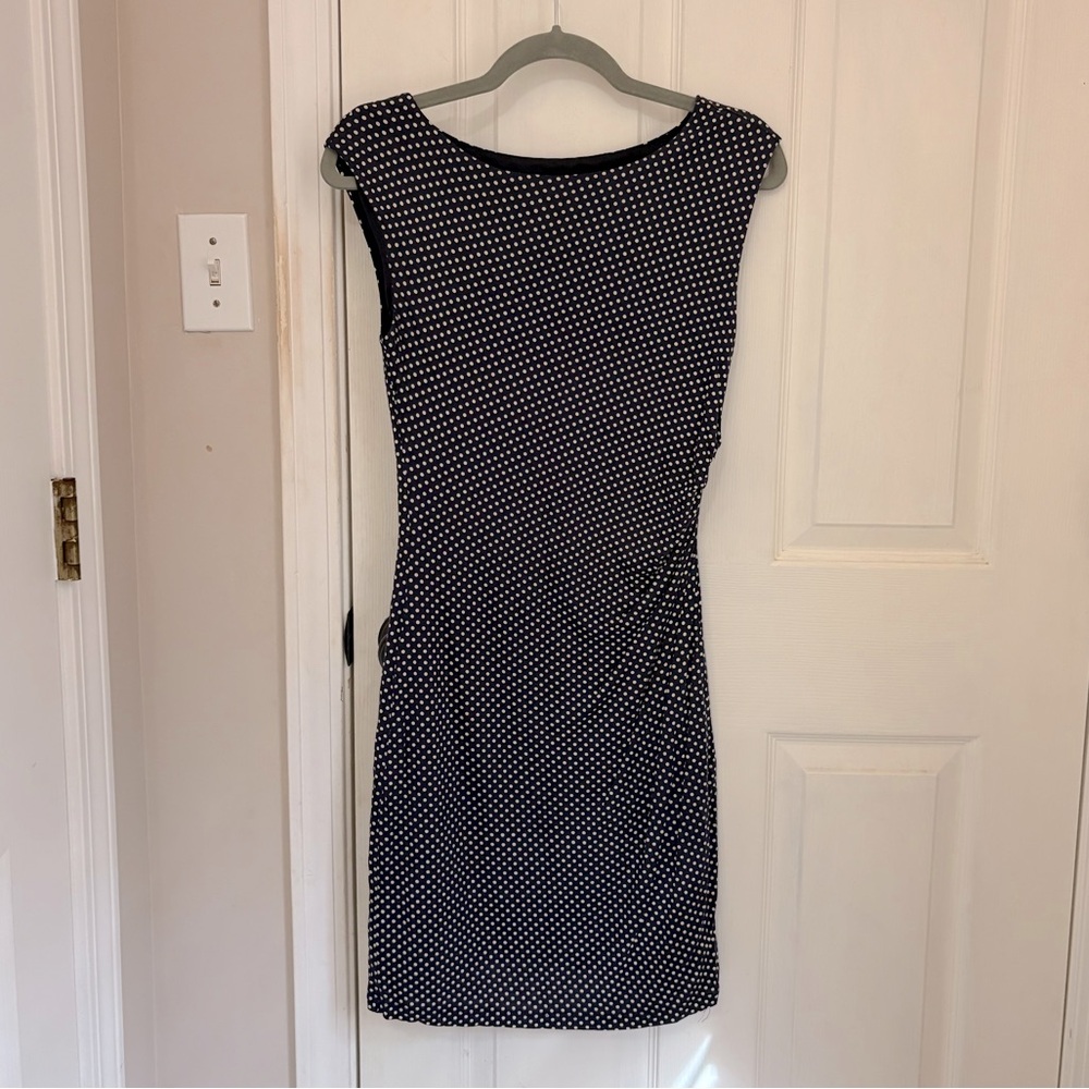 LOFT Women’s Navy & Cream Polka Dotted Dress with Ruched Side